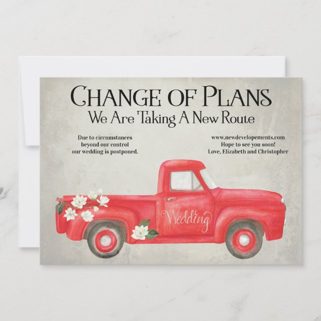 Change Of Plans Postponed Red Truck Wedding Announcement (Front)