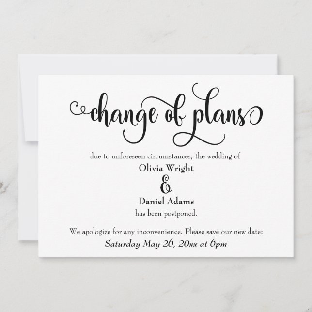 "Change of Plans" Postponed Wedding Announcement (Front)