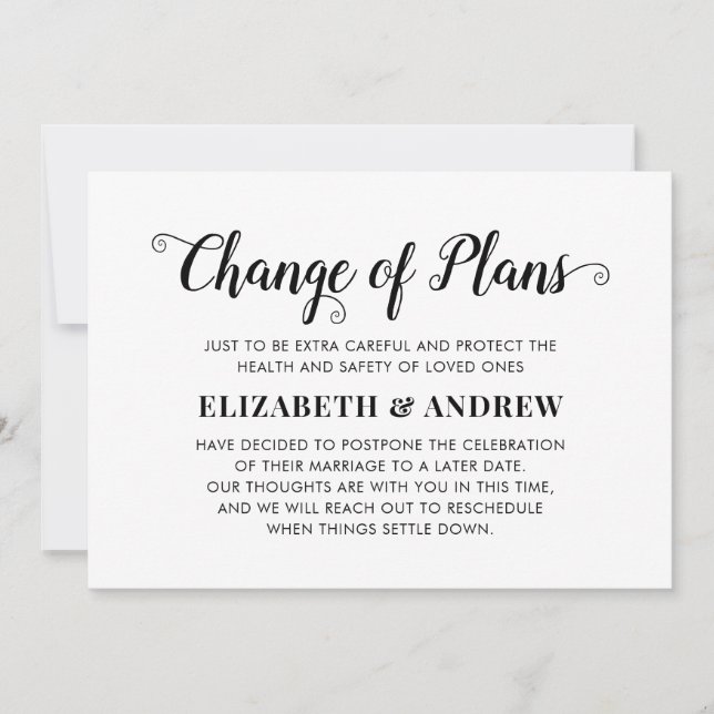 Change of Plans Postponed Wedding Elegant Script Announcement (Front)