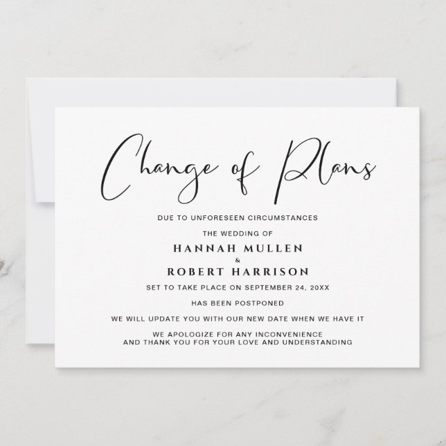 Change of Plans Postponement Cancelled Black White Announcement (Front)
