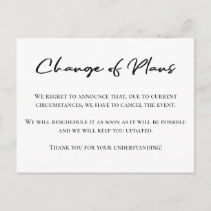 Change of plans simple postponement announcement postcard