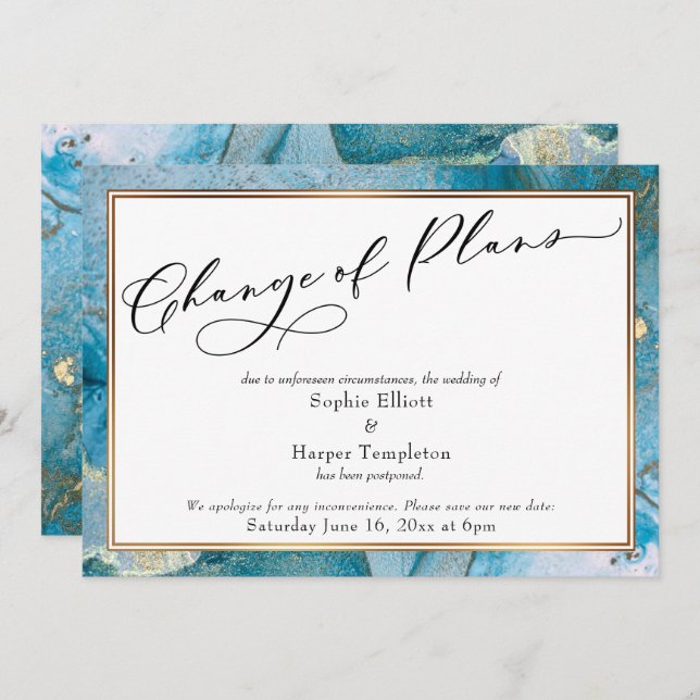 Change of Plans Teal Gold Postponed Wedding Card (Front/Back)