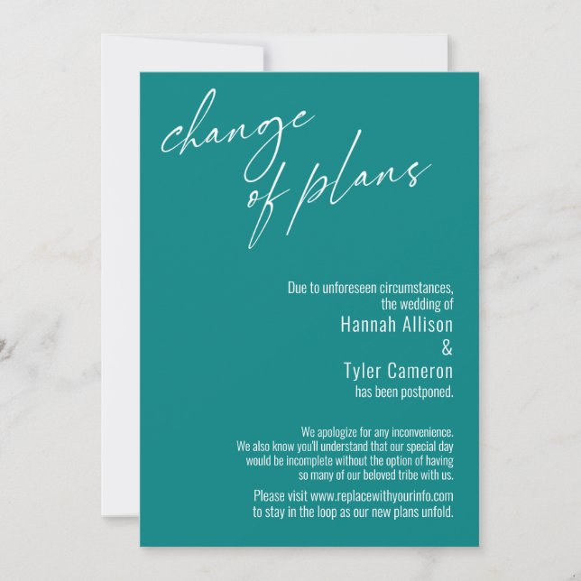 Change of Plans Teal Postponed Wedding Card (Front)