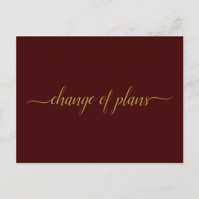 Change of Plans Wedding Postponed Gold on Burgundy Announcement Postcard (Front)
