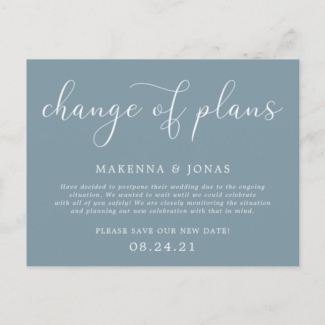 Change of Plans Wedding Postponement Announcement Postcard (Front)