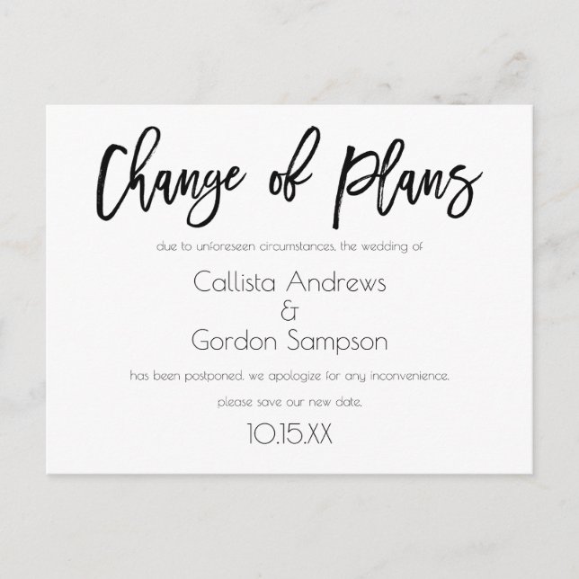 Change of Plans White Black Postponed Wedding Announcement Postcard (Front)