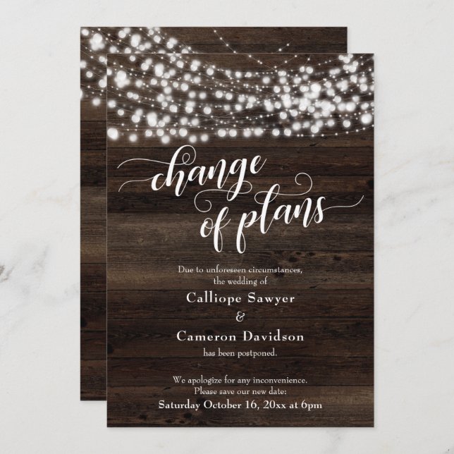 Change of Plans Wood Lights Postponed Wedding Card (Front/Back)