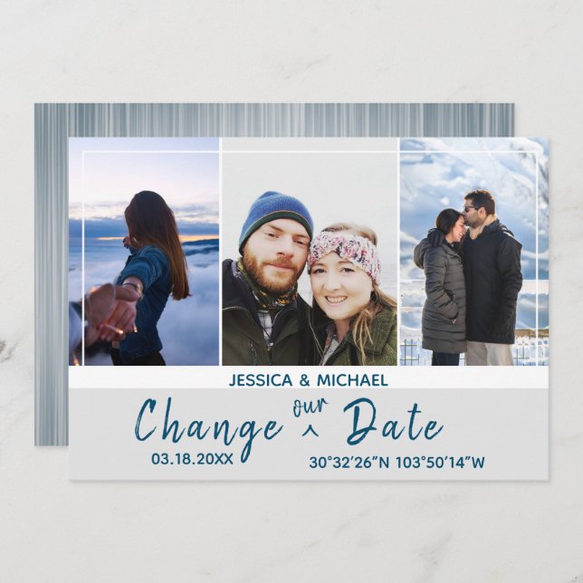 Change our the Date 3-Photo collage  Coordinates Invitation (Front/Back)
