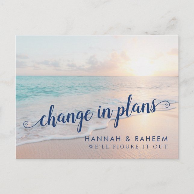 Change Plans Beach Wedding Notification Postcard (Front)