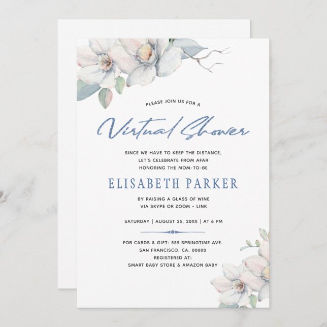 Change plans blue floral virtual  baby shower invitation (Front/Back)