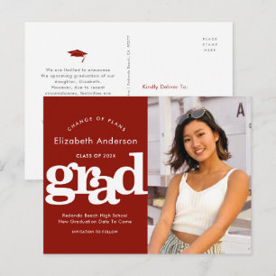 Change plans graduation photo bold typography red invitation postcard