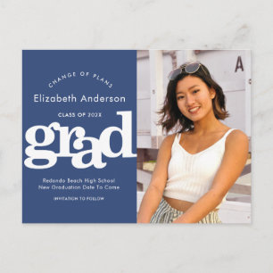 Change plans graduation photo navy bold typography invitation postcard