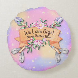 Change Text Add Name Boho Flower Arrows Pinks Round Cushion