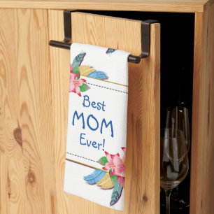 Change Text Add Name Boho Flower Feathers Best Mum Tea Towel