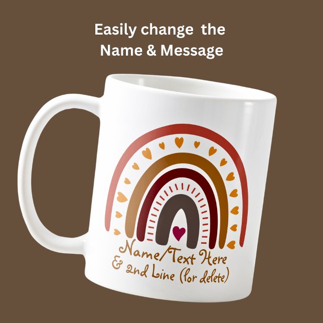 Change Text Add Name Boho Rainbow Heart Pink Brown Coffee Mug (Creator Uploaded)