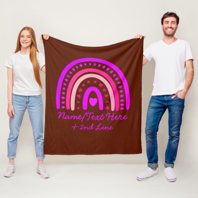 Change Text Add Name Boho Rainbow Heart Pink Brown Fleece Blanket (In Situ)