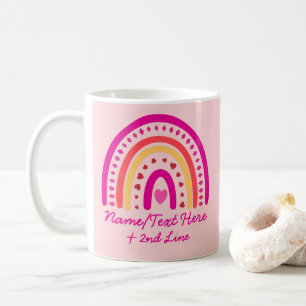 Change Text Add Name, Boho Rainbow Hearts Pink     Coffee Mug