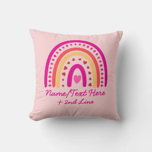 Change Text Add Name, Boho Rainbow Hearts Pink Cushion