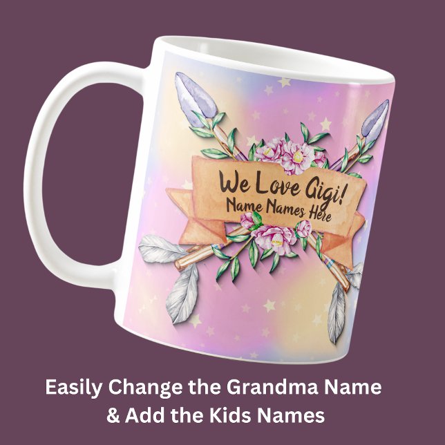 Change Text Add Name Gigi Boho Flower Arrows Pinks Coffee Mug (Creator Uploaded)