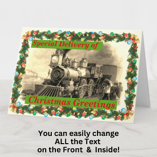 Change Text Add Name Steam Train Happy Christmas Card
