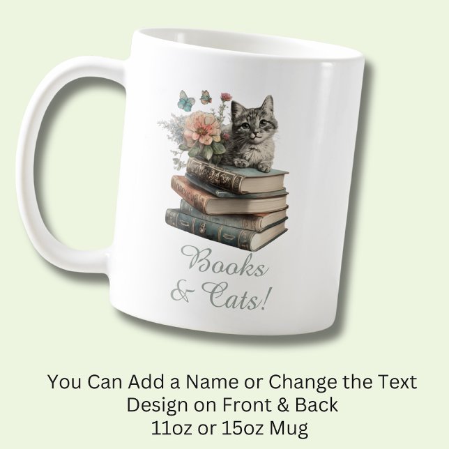Change Text, Books & Cats, with Flowers, on Black Coffee Mug (Creator Uploaded)