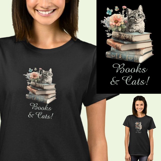Change Text, Books & Cats, with Flowers, on Black T-Shirt (Creator Uploaded)
