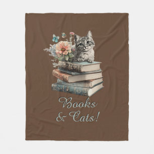 Change Text, Books & Cats, with Flowers, on Brown Fleece Blanket