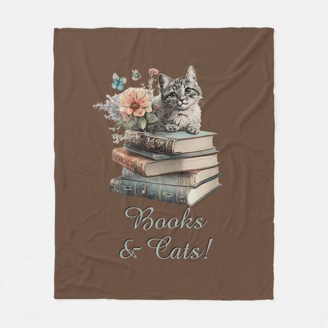 Change Text, Books & Cats, with Flowers, on Brown Fleece Blanket (Front)