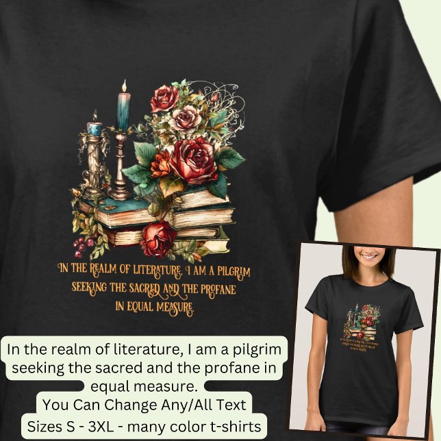 Change Text, Gothic Books & Candles,  Quote, Black T-Shirt (Creator Uploaded)