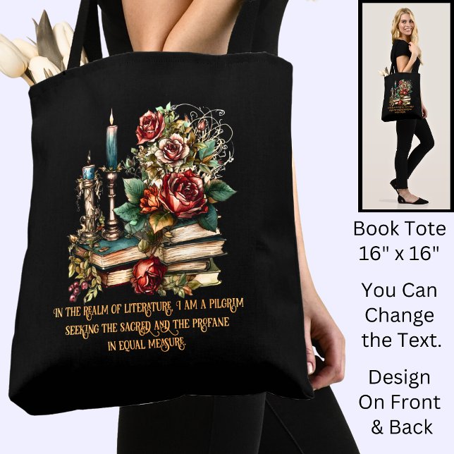 Change Text, Gothic Books & Candles,  Quote, Black Tote Bag (Creator Uploaded)