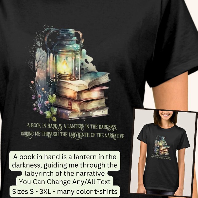 Change Text, Gothic Books & Lantern, Quote, Black T-Shirt (Creator Uploaded)