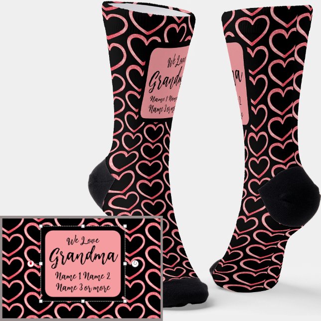 Change Text, We Love Grandma Pink Hearts on Black Socks (Creator Uploaded)