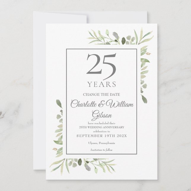 Change the Date 25th Silver Anniversary Greenery Invitation (Front)