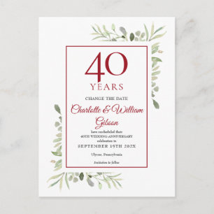 Change the Date 40th Wedding Anniversary Greenery  Announcement Postcard