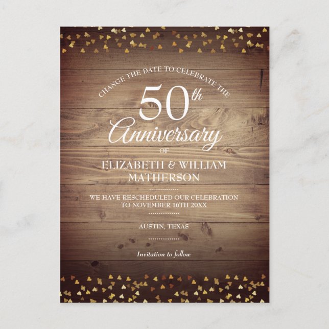 Change the Date 50th Wedding Anniversary Rustic Announcement Postcard (Front)