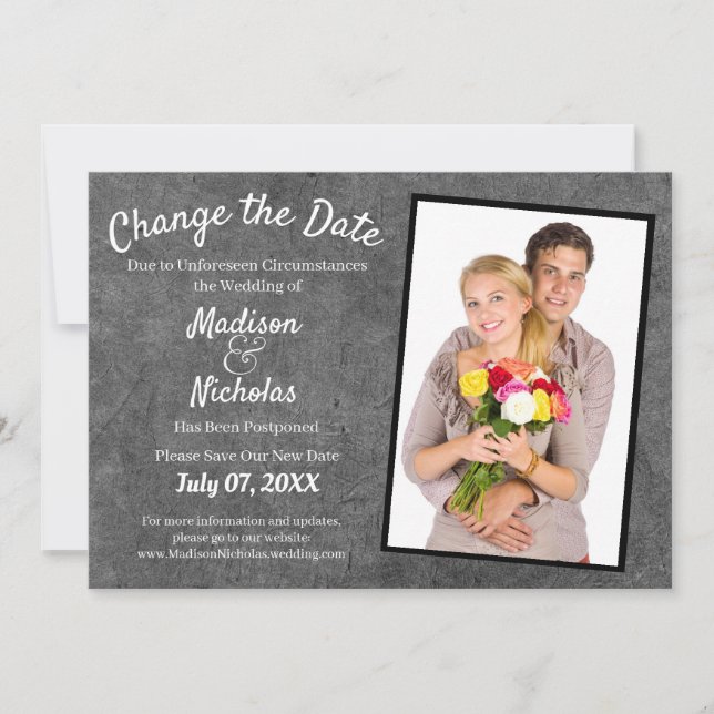 Change the Date Add Photo Wedding Grey Parchment Save The Date (Front)