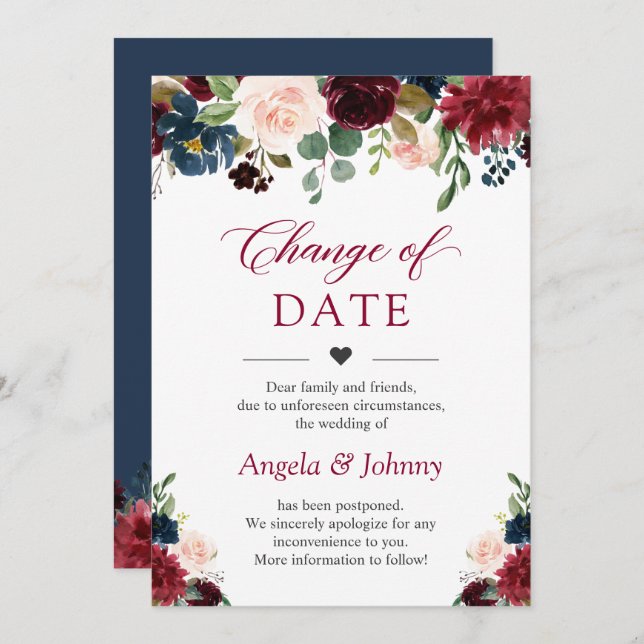 Change the Date Chic Burgundy Navy Blue Flowers Invitation (Front/Back)