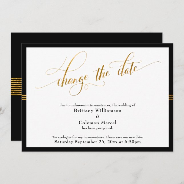 Change the Date Elegant Black w/ Gold Stripe Card (Front/Back)