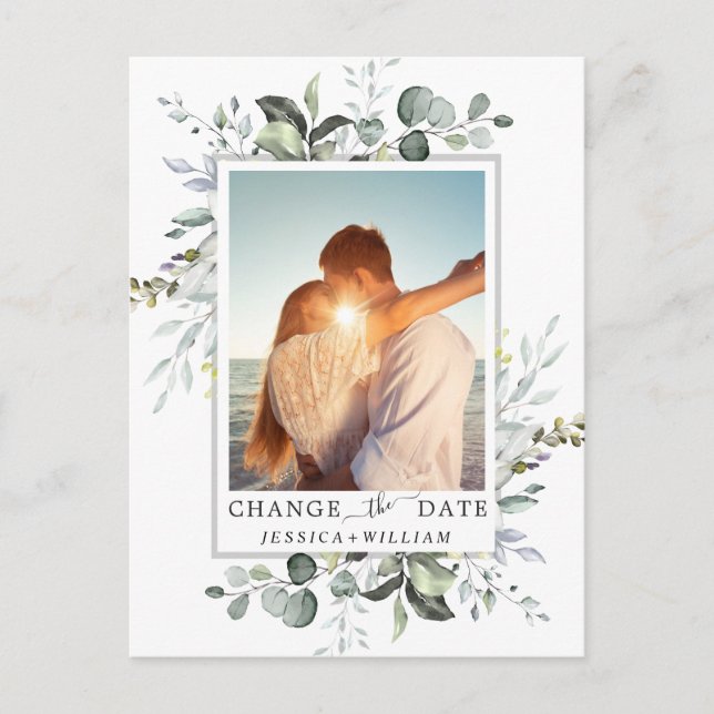 Change the Date Elegant Eucalyptus PHOTO Wedding Postcard (Front)