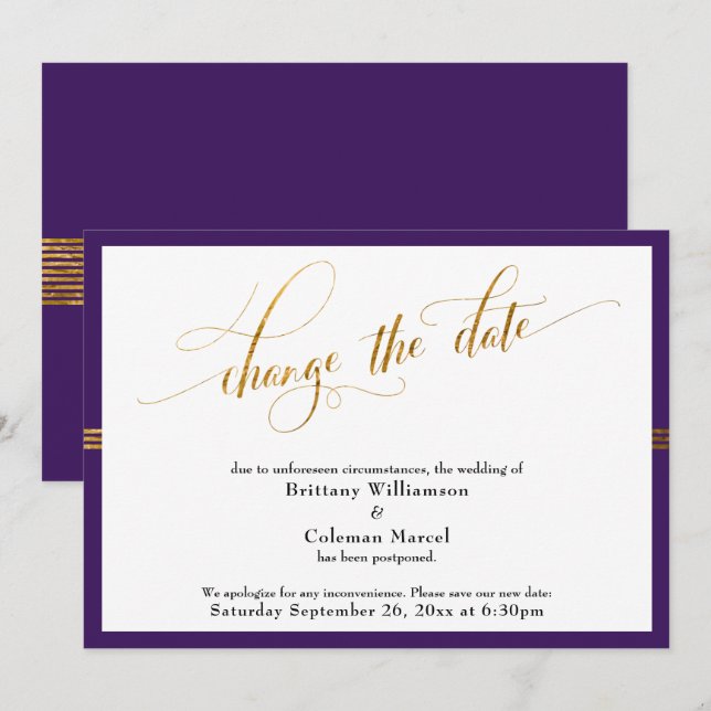 Change the Date Elegant Purple w/ Gold Stripe Card (Front/Back)