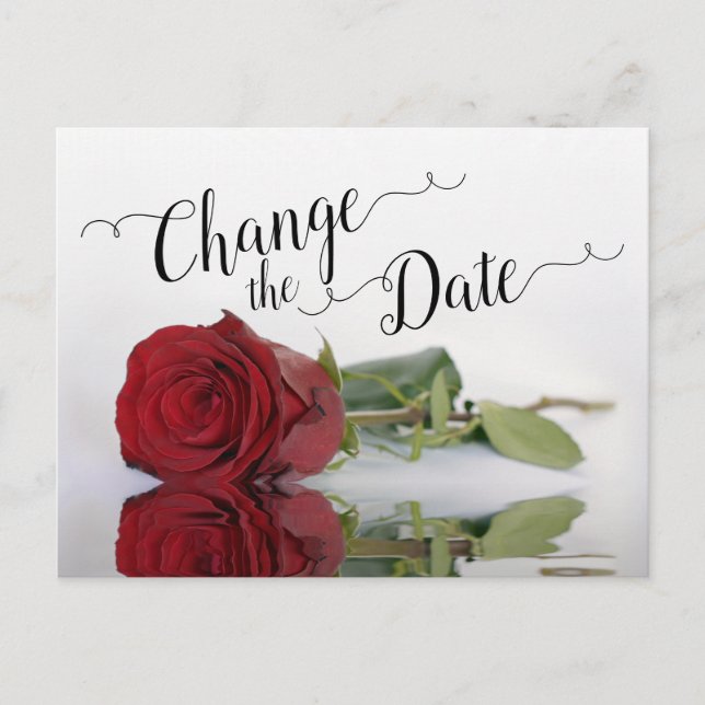 Change the Date Elegant Red Rose Wedding Postponed Announcement Postcard (Front)