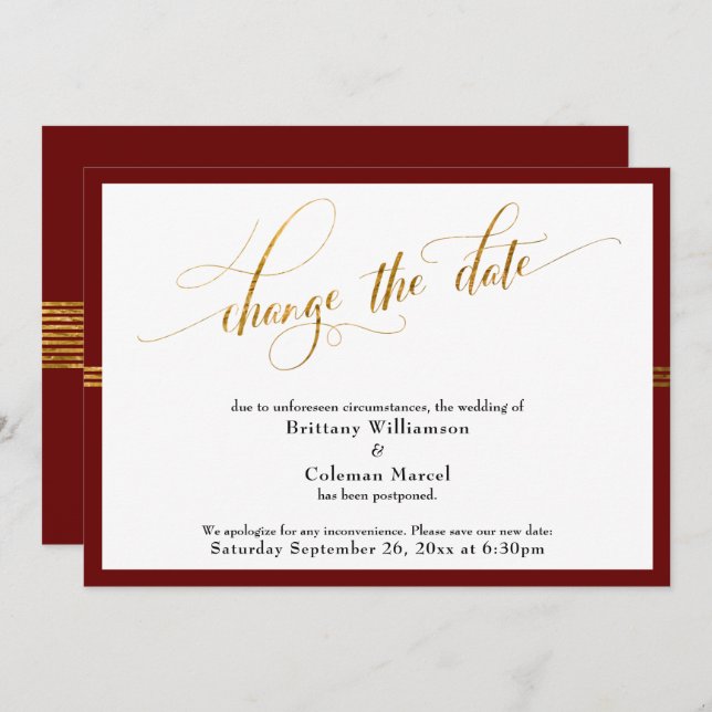 Change the Date Elegant Red w/ Gold Stripe Card (Front/Back)