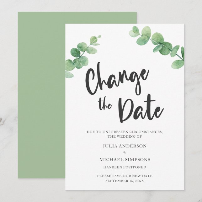 Change the Date Eucalyptus Postponed Cancelled Invitation (Front/Back)