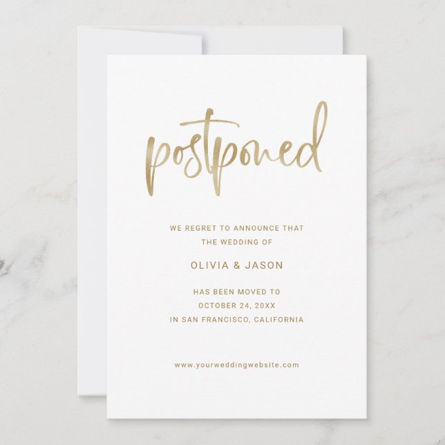 Change the Date | Faux Gold Script on White Save The Date (Front)