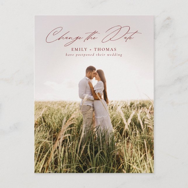 Change The Date Full Photo Wedding Postponement Announcement Postcard (Front)