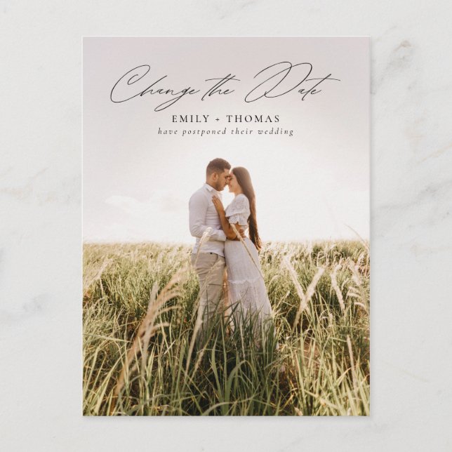 Change The Date Full Photo Wedding Postponement Announcement Postcard (Front)