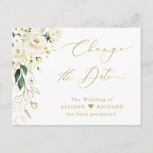 Change the Date Gold Script Green and White Floral Postcard