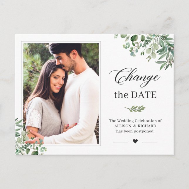 Change the Date Greenery Eucalyptus Leaves Photo Postcard (Front)