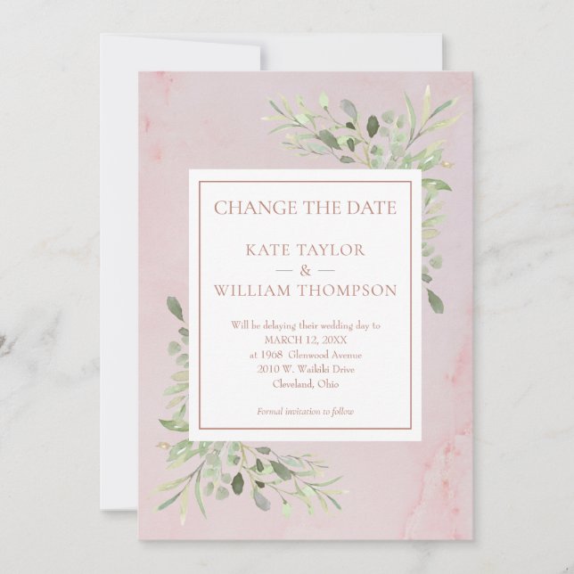 Change the Date Greenery Leaves Rose Gold Marble Save The Date (Front)