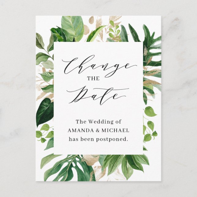 Change the Date Greenery Tropical Palm Leaves Postcard (Front)